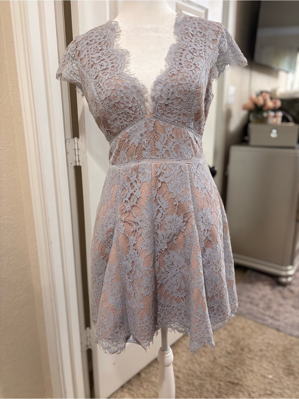 Stylestalker Dusty Blue Lace Mini Dress